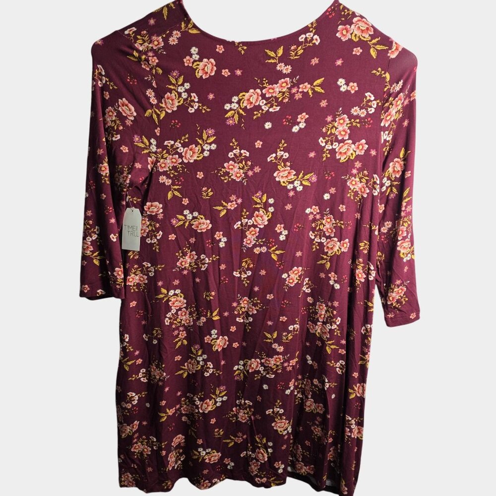 New Time And Tru Dress Plus Size XXL 2X Burgundy Floral‎ Flowers Stretch Maroon